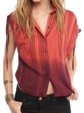 Free People Dip Dye Ombre Striped Tie Sleeve Button Front Top S Small
